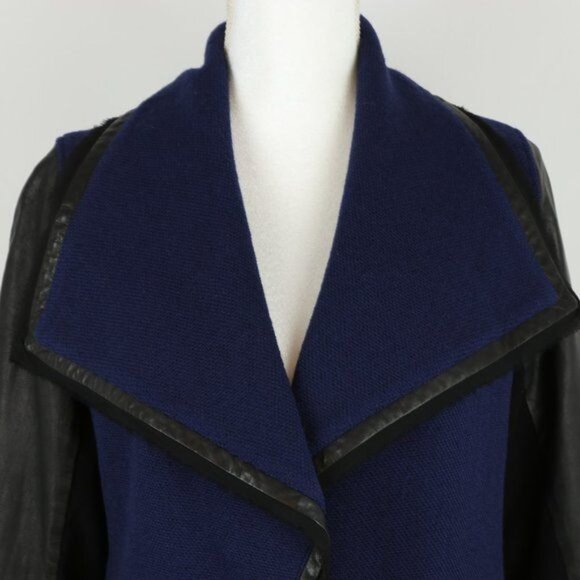 Vince Women's Size 6 Black Blue Leather & Wool Boucle Draped Collar Jacket - Picture 3 of 10